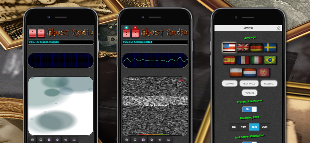 Ghost EVP Radio - Paranormal - Three screenshots of the Ghost EVP Radio app showing paranormal detection tools and settings menu
