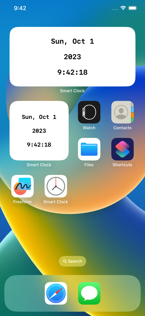 iOSホーム画面のスマートデジタル＆アナログ時計ウィジェット。日付と現在の時刻が表示されています。