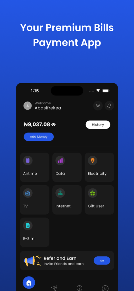 Billpoint - Billpoint mobile app home screen showing a user dashboard with wallet balance and quick access icons for airtime data and electricity payments