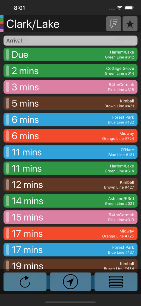 QuickTrain - Real-time Chicago CTA train arrival times display for Clark and Lake station in the QuickTrain app.