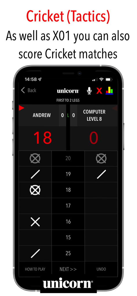 Russ Bray Darts Scorer Pro - Interface da aplicação Russ Bray Darts Scorer mostrando uma partida de Cricket Tactics entre um jogador e um computador de nível 8.