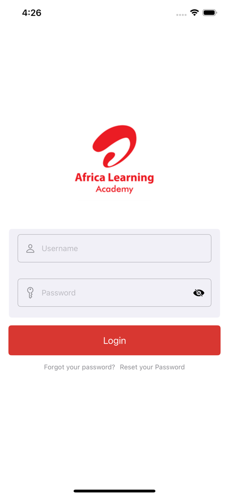 Login screen for Africa Learning Academy mobile education app featuring username and password fields