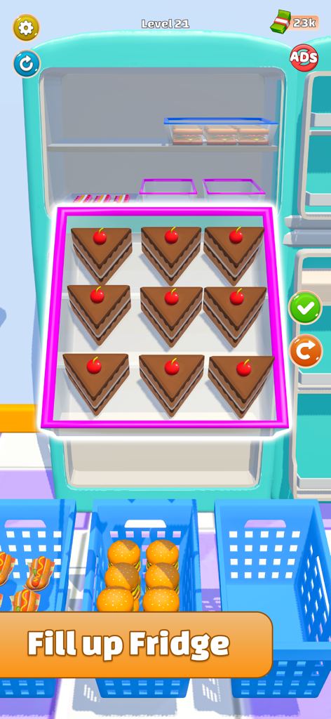 Stock the Fridge - Room Legend - Organizing chocolate cake slices in the Stock the Fridge mobile game
