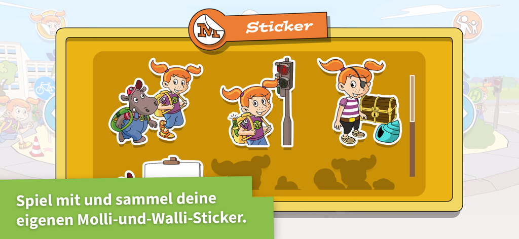 Molli und Walli | UKH - Pantalla de colección de pegatinas de la aplicación Molli und Walli que muestra recompensas educativas para niños
