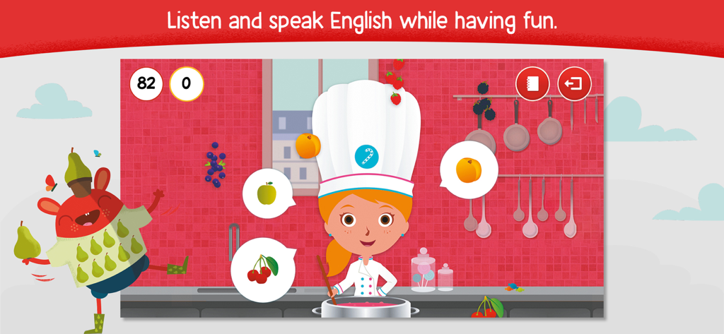 Un personaje infantil vestido de chef en un juego de vocabulario de inglés con temática de cocina para niños.