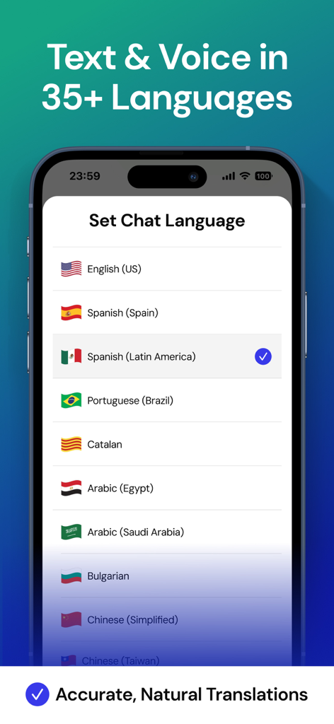 Interfaz de la aplicación WhatLingo que muestra una lista de más de 35 idiomas admitidos para traducción de texto y voz
