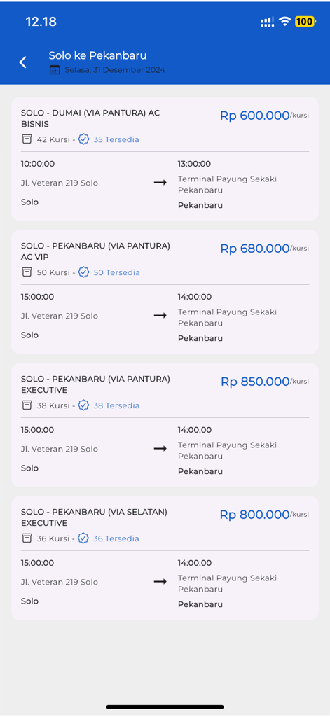 Buzzit - Lista de horários e preços de autocarros para a rota de Solo a Pekanbaru na aplicação Buzzit