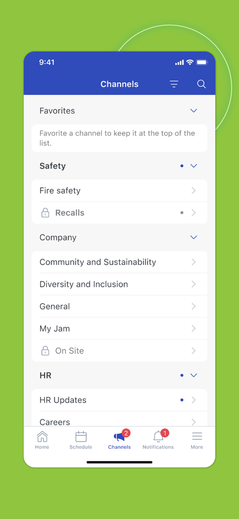 WorkJam app interface showing the Channels screen with categories for workplace communication, safety, and HR.