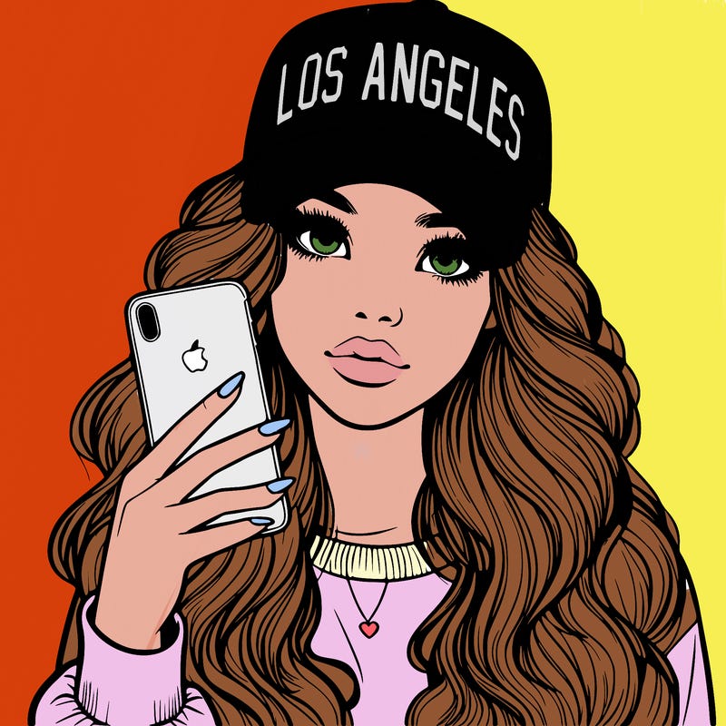 realistic beautiful girl wearing los ángeles cap holding an iphone