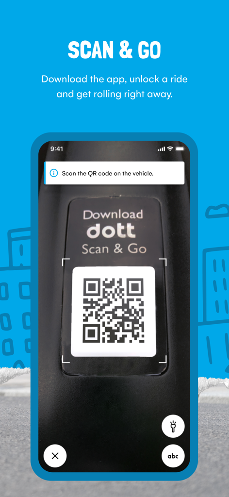 A smartphone screen showing the Dott app scanning a QR code on a vehicle to unlock a ride