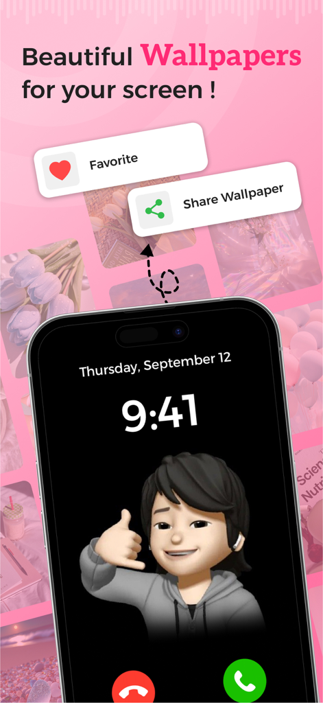 Ringtone Maker – Set & Export - An iPhone displaying a custom caller ID screen with a memoji and aesthetic pink wallpapers.