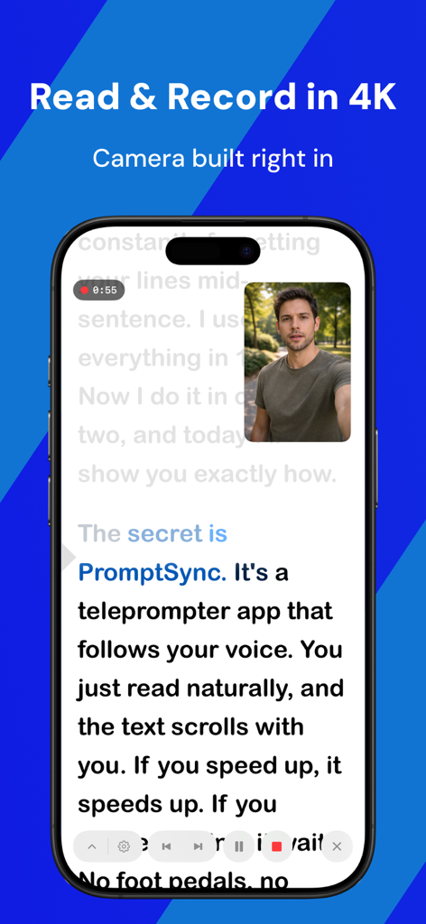 Teleprompter - Script Writing - Teleprompter app interface displaying scrolling script and 4K camera recording window