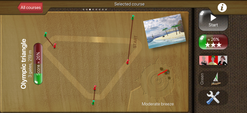 Pantalla de la aplicación Top Sailor que muestra la distribución del recorrido de regata de triágulo olímpico en un tablero de navegación de madera