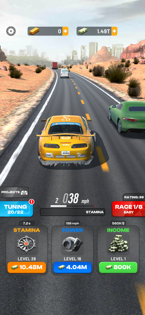 A yellow sports car driving on a desert highway with upgrade menus for stamina, power, and income displayed.