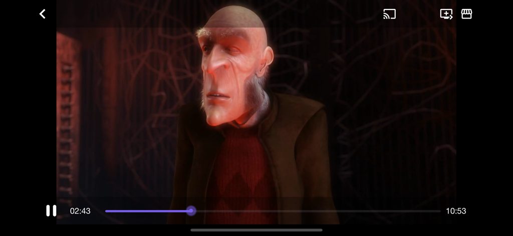 Interfaz de reproducción de video a pantalla completa en My IPTV Player que muestra una película animada