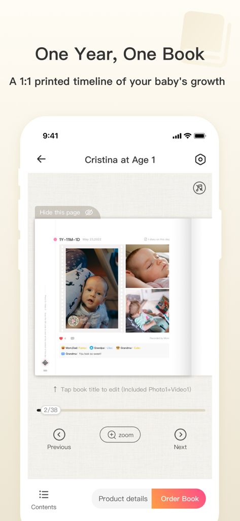 Anteprima di un diario fotografico per bambini stampato all'interno dell'app Bebememo