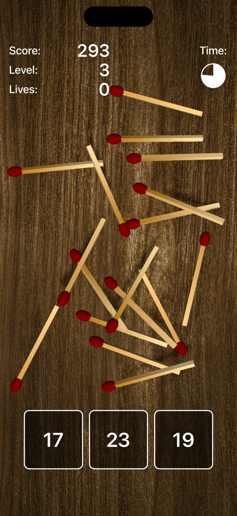 Rainman - The Game - Gameplay screen of Rainman - The Game showing scattered matches on a wooden table with multiple choice numbers for estimation