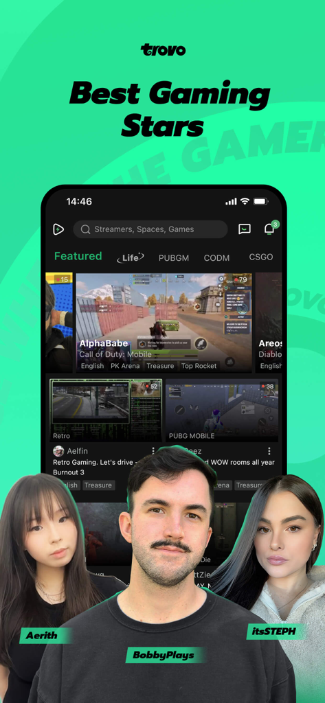 Trovo - Live Stream & Games - Interfaz de la aplicación Trovo que muestra transmisiones de juegos en vivo y creadores de contenido populares