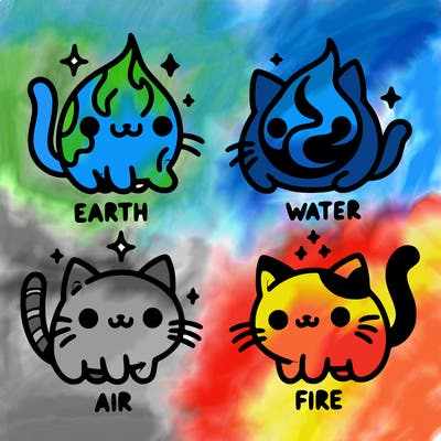 4 cats that represent the different elements, earth, water, air, and fire