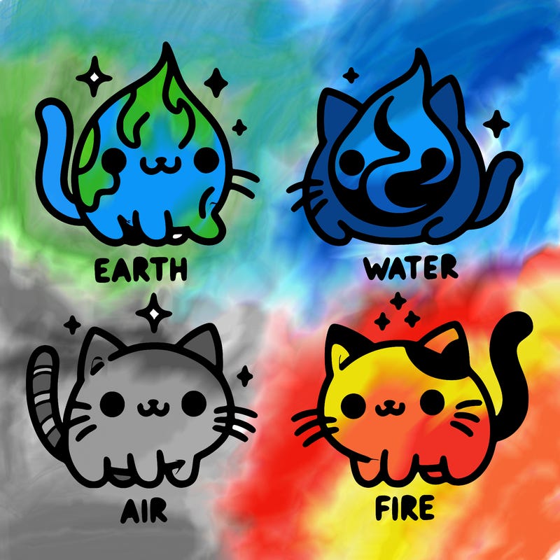 4 cats that represent the different elements, earth, water, air, and fire