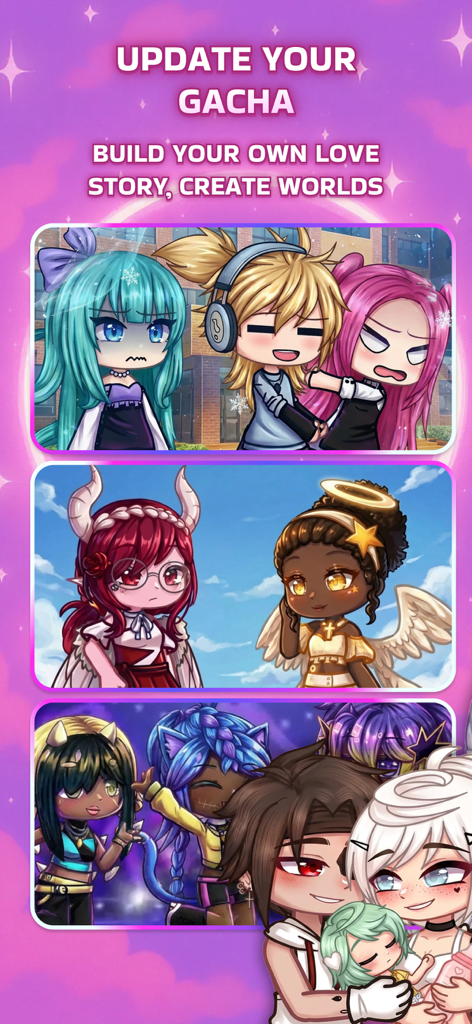 various gacha characters in diverse aesthetic outfits and story scenes