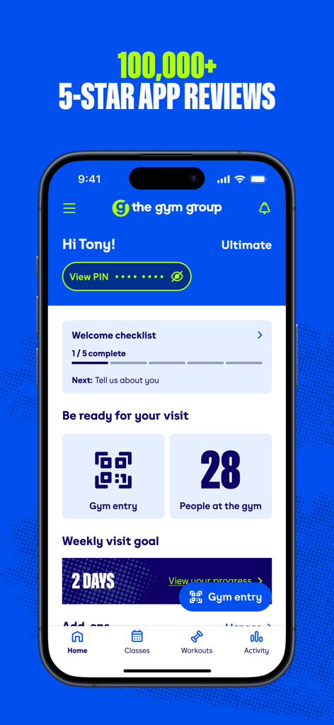 Home screen of The Gym Group app featuring real-time gym capacity and QR code entry.