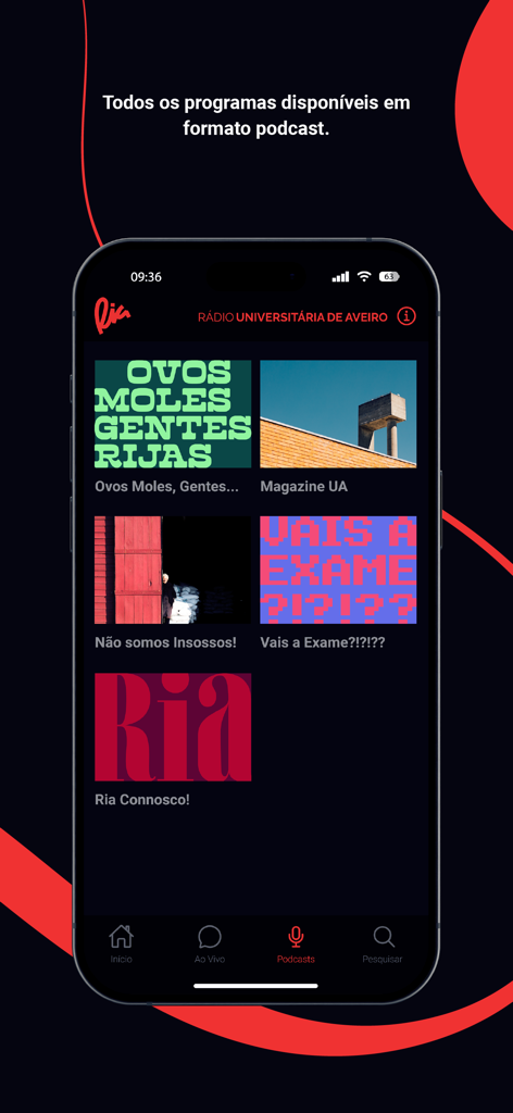Ria - Smartphone screen of Ria app showing available podcast programs from Radio Universitaria de Aveiro.
