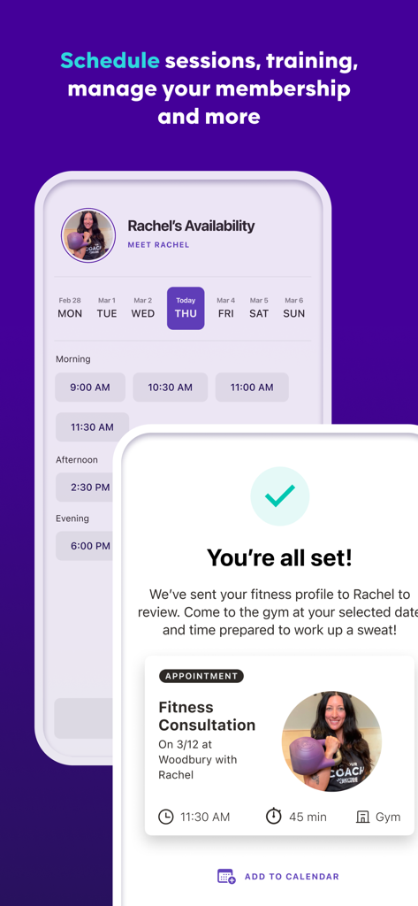 AF App - Eine mobile Oberfläche, die zeigt, wie man ein Fitnessgespräch plant, und ein Bestätigungsbildschirm für Termine in der Anytime Fitness App.