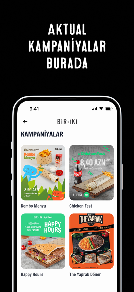 Bir İki Doner Shop - A screenshot of the Bir İki Doner Shop app showing available food campaigns and special offers