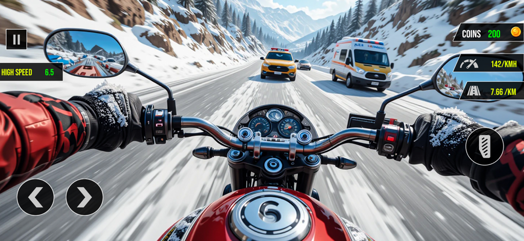 SpeedTrail3D :Moto Bike Go - First person gameplay of a motorcycle racing through a snowy mountain highway dodging traffic