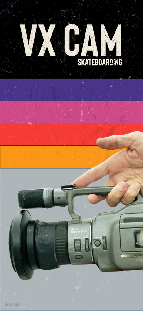 VX Skateboarding Camcorder - Hand holding a vintage Sony VX1000 video camera with a fisheye lens for the VX Cam Skateboarding app