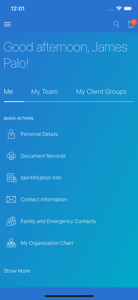 Oracle Fusion Applications mobile app interface showing the employee self service dashboard with quick actions for personal details