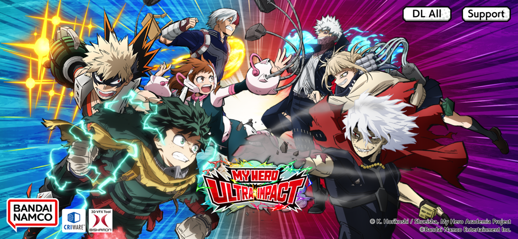 MY HERO ULTRA IMPACT - Pantalla de título del juego móvil MY HERO ULTRA IMPACT con héroes y villanos de My Hero Academia