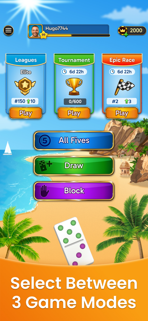 Menu principal de Domino Legends mostrando modos de jogo All Fives, Draw e Block em um fundo de praia tropical.