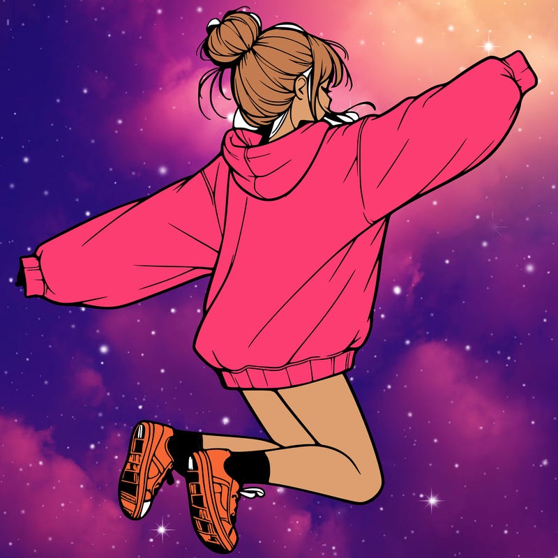 realistic girl jumping with a bun and oversized sweatshirt