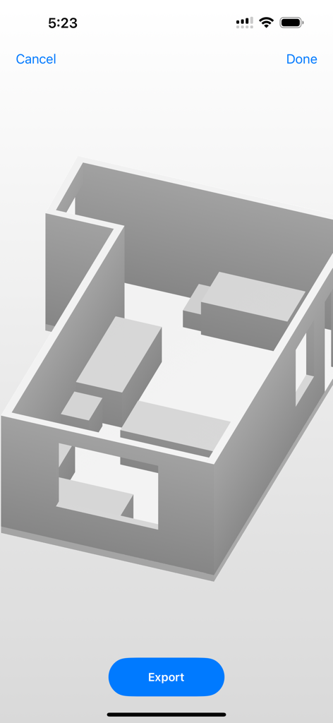 A 3D architectural room scan showing a floor plan with furniture blocks and an export button