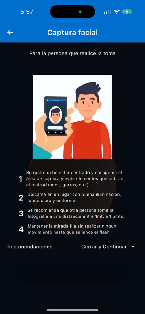 DNI BioFacial - Instructions screen for facial capture and biometric verification in the DNI BioFacial app