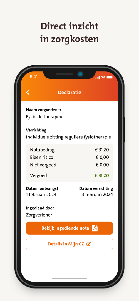 Pantalla móvil que muestra un resumen de una factura médica y los detalles del reembolso en la aplicación CZ declareren