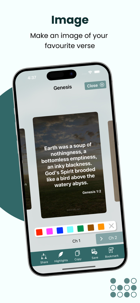 iPhone showing the Message Bible app interface for creating custom verse images with nature backgrounds and social sharing options