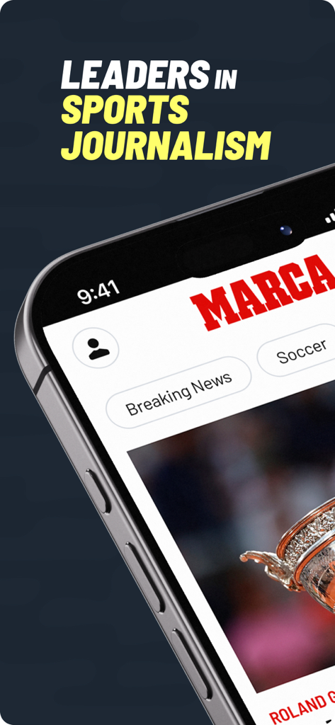 Smartphone screen displaying the MARCA sports app with the headline Leaders in Sports Journalism