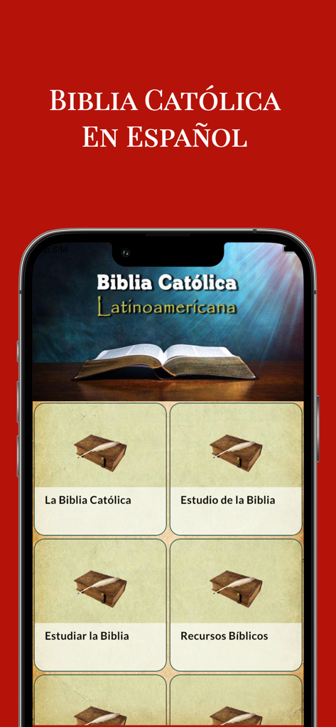 La Biblia Católica en Español - Menú principal de la aplicación Biblia Católica en Español que muestra opciones de estudio y recursos bíblicos.