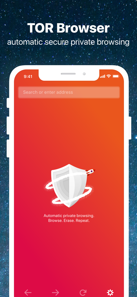 Interfaz del Navegador TOR dentro de la aplicación Universe VPN mostrando opciones de navegación privada y una barra de búsqueda