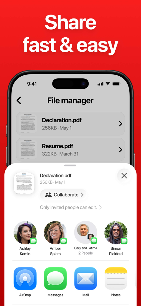Interface de aplicativo móvel mostrando opções para compartilhar e colaborar em arquivos PDF através de AirDrop, Mensagens e Mail.