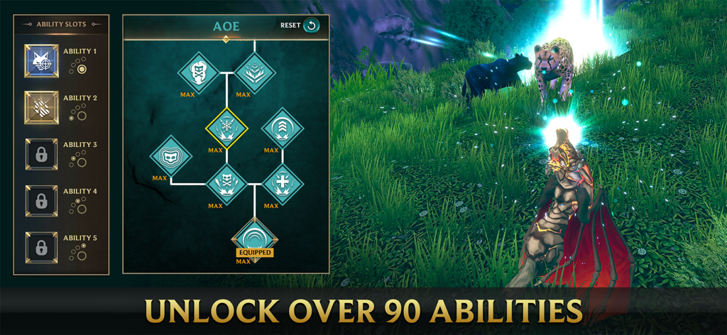 Wolf Tales - Online RPG Sim 3D - Un écran de Wolf Tales montrant les emplacements de capacité et le menu de l'arbre de compétences à côté de personnages animaux en 3D.