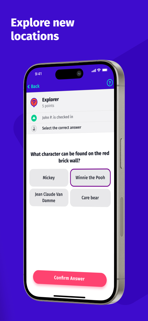 Roadgames: travel games - Modo explorador de la aplicación Roadgames que muestra una pregunta de trivia de opción múltiple para una búsqueda del tesoro