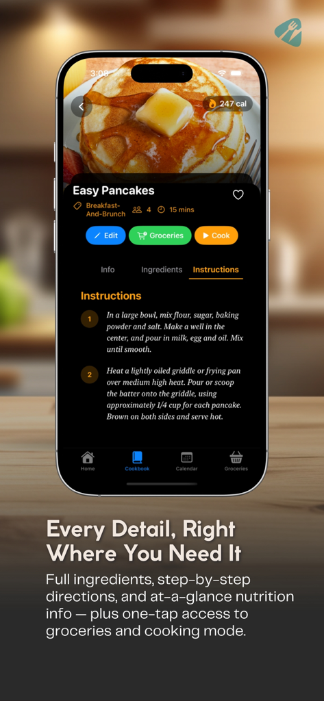 TasteLoop - TasteLoop app displaying step-by-step pancake recipe instructions in a clean dark mode interface.