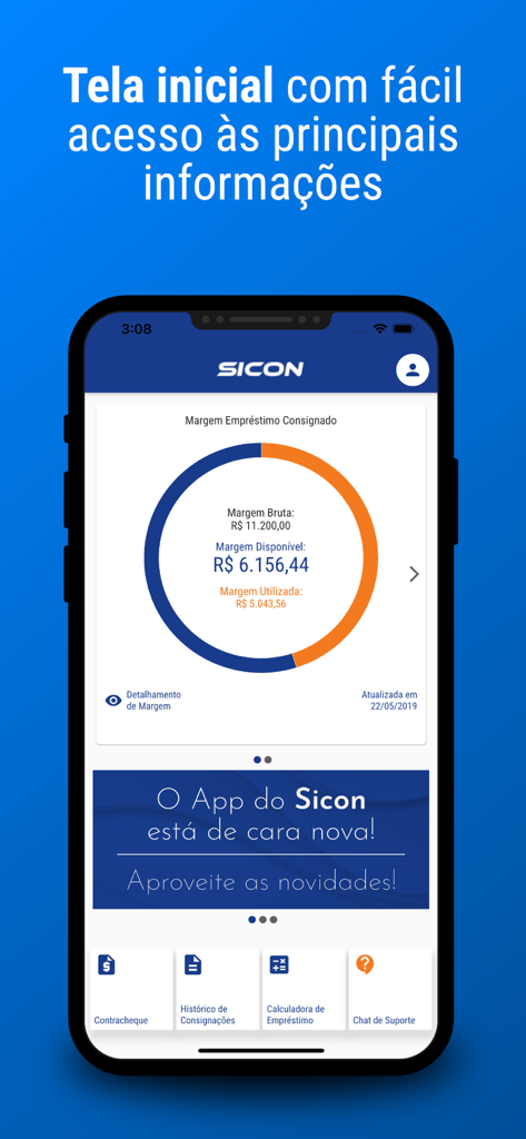 Pantalla de inicio de la app Sicon que muestra la disponibilidad del margen del préstamo de nómina y la navegación financiera