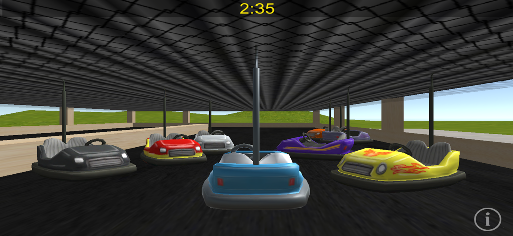 Bumper Car Mania - Vários carrinhos de para-choque coloridos em uma arena digital de fliperama durante o jogo