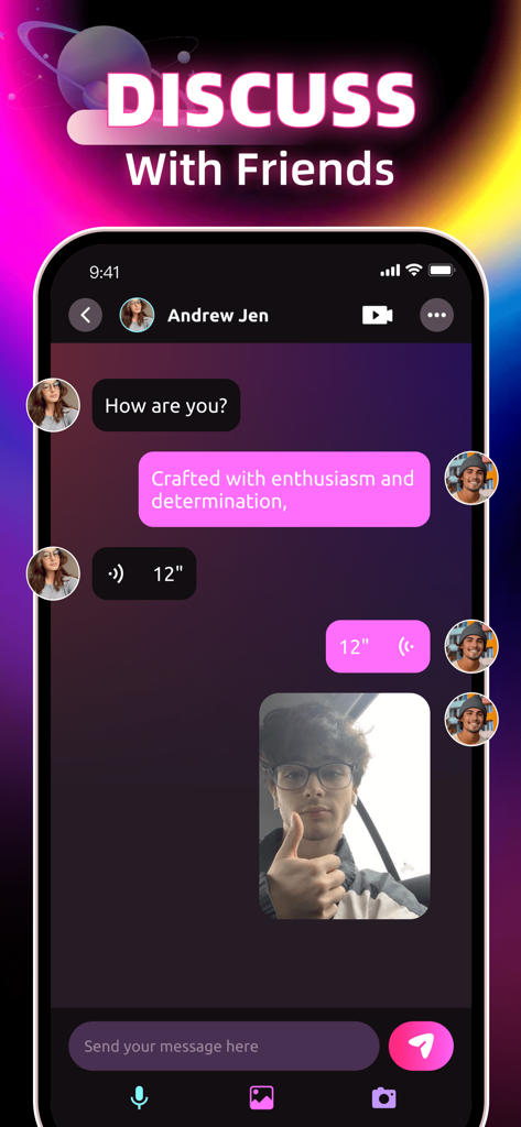 Video Chat，Connect，Share：Olphy - A smartphone screen displaying the Olphy app chat interface with text messages and a photo.