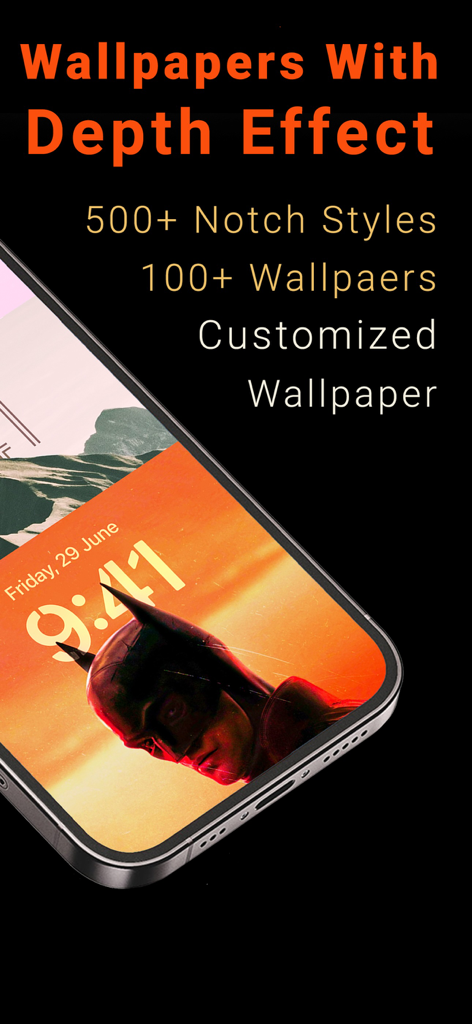 INFI: Dynamic Island Wallpaper - Pantalla de bloqueo del iPhone que muestra un fondo de pantalla con efecto de profundidad 3D y estilos de notch personalizados.
